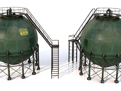 Green Spherical Industrial Equipment Tanks Featuring Metal Ladders Support Structures And Yellow Labels 3d model
