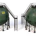 Green Spherical Industrial Equipment Tanks Featuring Metal Ladders Support Structures And Yellow Labels