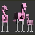 Three Pixelated Pink Flamingos Standing Together On Smooth Gray Surface 3d model