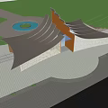 Modern Tourist Center Featuring Unique Roof Design Water Reflections And Green Surroundings