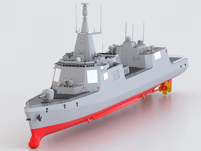Gray Hull Warship Featuring Red Bottom Upper Deck Radar And Antenna Structure 3d model