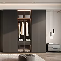Modern Wardrobe Interior With White And Dark Cabinetry Hanging Clothes Shelves Wooden Floor And Rug