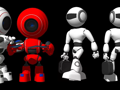 Intelligent Robots With Red Spherical Head White Bodies Mechanical Arms Blue Feet And Black Bags 3d model