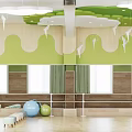 Indoor Kids Sports Fitness Space With Green Cloud Ceiling Mirrors And Colorful Fitness Balls
