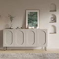 Modern White Entryway Console Cabinet with Oval Doors Metal Legs Arched Niches and Decorative Items
