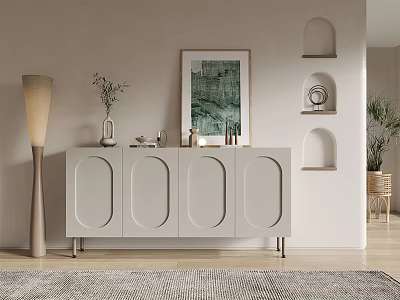 Modern White Entryway Console Cabinet with Oval Doors Metal Legs Arched Niches and Decorative Items 3d model
