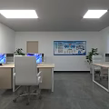 Public Office Space Featuring Desks Computer Monitors Office Chairs Ceiling Lights Wall Poster And Windows 3d model
