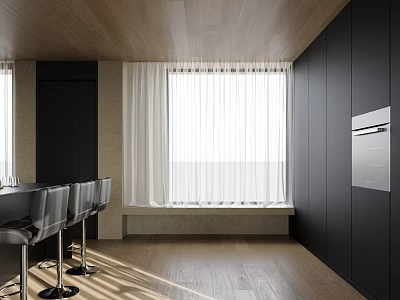 Modern Bar Area With Black Counter And High Bar Stools 3d model