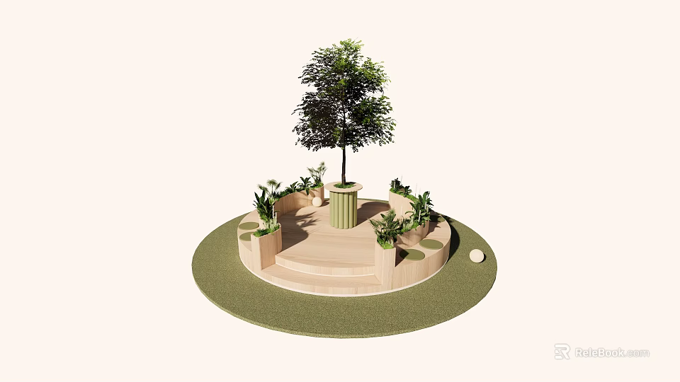 Outdoor Chair Surrounded by Green Plants and Tree on Circular Grass Platform 3d model 