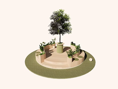 Outdoor Chair Surrounded by Green Plants and Tree on Circular Grass Platform 3d model