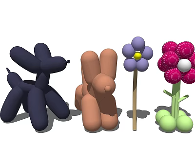 Vibrant Balloon Shaped Dog Rabbit Animals And Purple Red Flowers 3d model