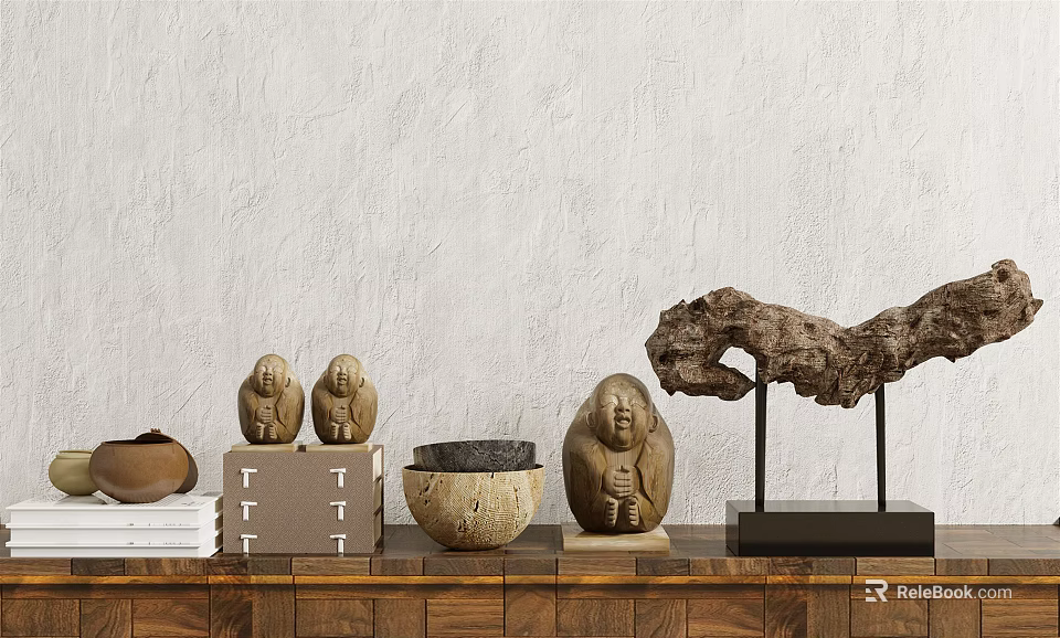 Natural Decorative Ornament Set with Buddha Figurines Stone Bowl and Wood Branch on Wooden Shelf 3d model 