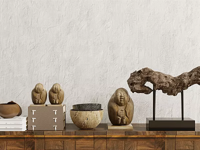 Natural Decorative Ornament Set with Buddha Figurines Stone Bowl and Wood Branch on Wooden Shelf 3d model