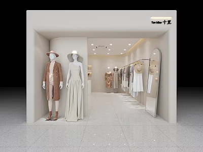 Modern Clothing Store Interior With Mannequins Displayed Outfits Hanging Clothes And Wall Mirrors 3d model
