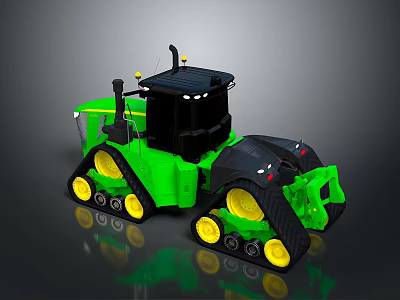 Green Tractor with Black Cabin and Yellow Track Wheels for Agricultural Use 3d model