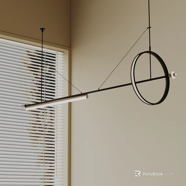 Modern Chandelier Design with Circular Ring and Rectangular Light Bar in Interior with Window Blinds 3d model