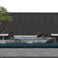 Oriental Landscape Wall Design With Pine Tree Rocks And Stepped Water Features 3d model