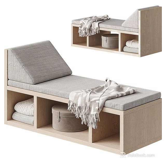 Cozy Single Bed With Wooden Frame Gray Mattress Storage Compartments Folded Blanket And Storage Box 3d model 