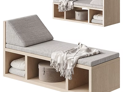 Cozy Single Bed With Wooden Frame Gray Mattress Storage Compartments Folded Blanket And Storage Box 3d model