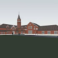 Classic Red Brick Building Featuring Steeple Multiple Chimneys And Windows 3d model