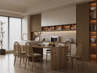 Modern Minimalist Dining Area With Wooden Island Chairs And Cabinets 3d model