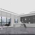 Modern Office Interior Design with Open Layout Large Windows City View Sleek Flooring and Bookshelves
