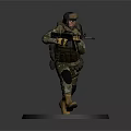 Game and Movie Character in Camouflage Uniform with Helmet Backpack Weapon Standing on Circular Base