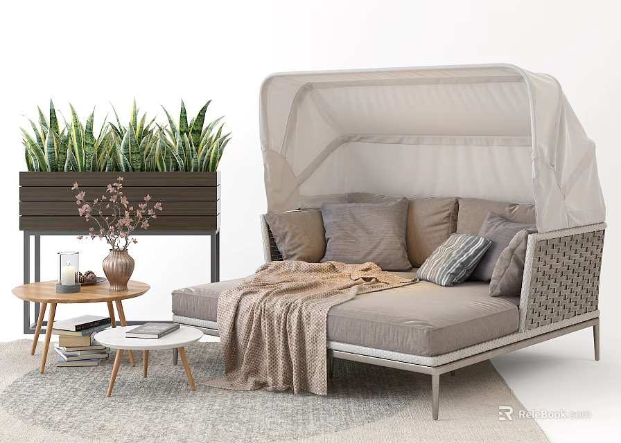 Outdoor Double Bed with Canopy and Wicker Frame Green Plants Side Table and Cozy Blanket 3d model 