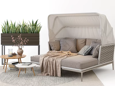 Outdoor Double Bed with Canopy and Wicker Frame Green Plants Side Table and Cozy Blanket 3d model