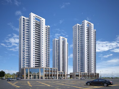 Modern Commercial Street with High Rise Buildings Ground Floor Shops and Parking Area 3d model