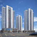 Modern Commercial Street with High Rise Buildings Ground Floor Shops and Parking Area