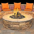 Outdoor Round Stone Sectional Sofa With Fire Pit And Cozy Cushions 3d model