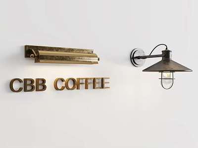 Brass And Metal Wall Lamps With CBB Coffee Sign On Coffee Shop Wall Decor 3d model