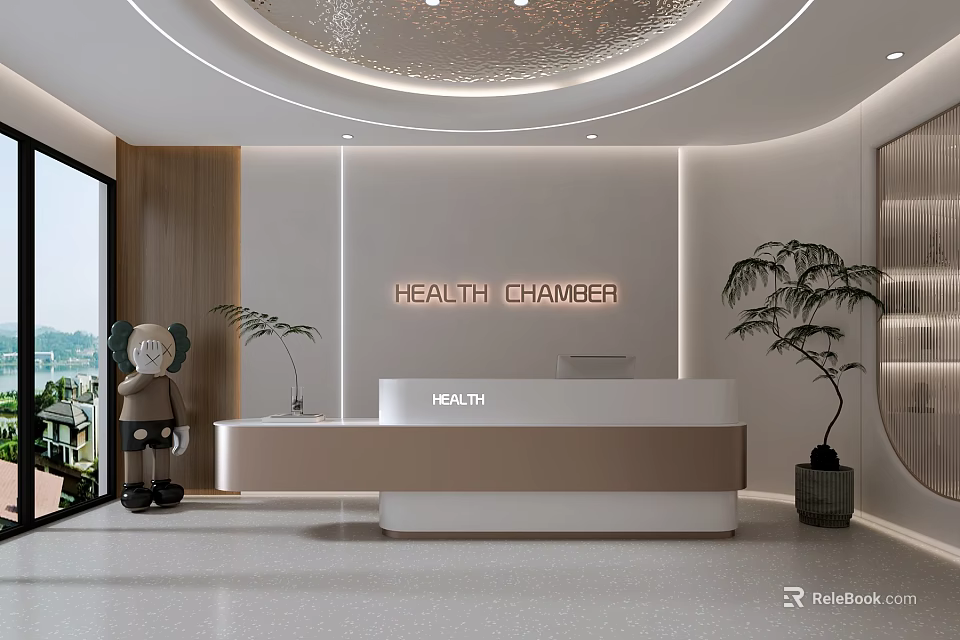Modern Health Chamber Reception Desk Interior With Plants And Window View 3d model 