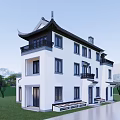 Traditional Chinese Detached Villa with Sloped Roof White Walls Black Tiles and Elegant Entrance Design