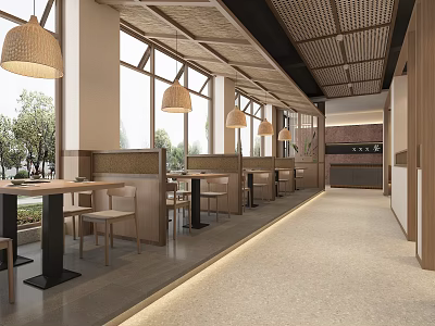 Modern Wooden Restaurant Interior With Pendant Lights Large Windows Long Corridor And Dining Tables 3d model
