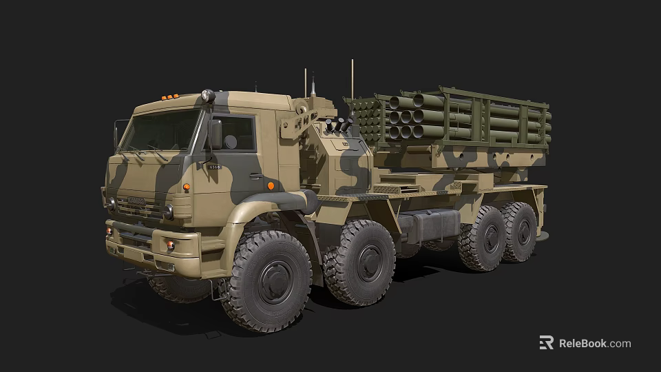 Military Weapon System Mounted On Camouflage Truck With Multiple Rocket Launchers 3d model 
