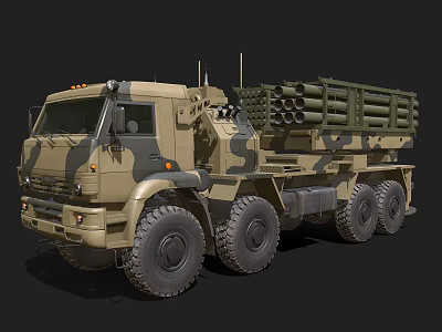 Military Weapon System Mounted On Camouflage Truck With Multiple Rocket Launchers 3d model