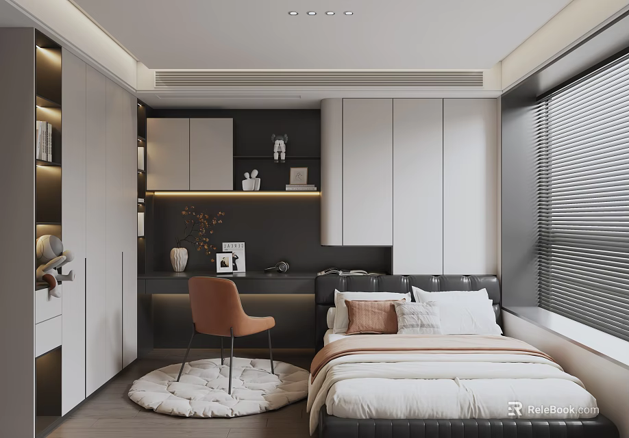 Modern Tatami Bedroom Interior With Cozy Bed Storage Cabinets Study Desk And Chair 3d model 