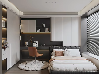 Modern Tatami Bedroom Interior With Cozy Bed Storage Cabinets Study Desk And Chair 3d model