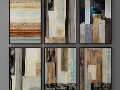 Set Of Six Abstract Paintings With Beige Gray Brown Tones And Geometric Patterns 3d model
