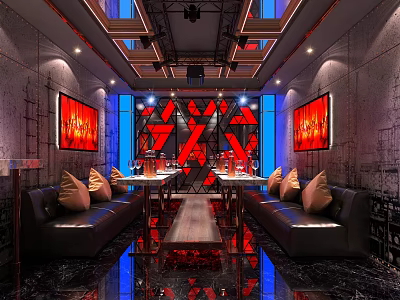Modern KTV Interior Design With Red Wall Art And Leather Sofas 3d model