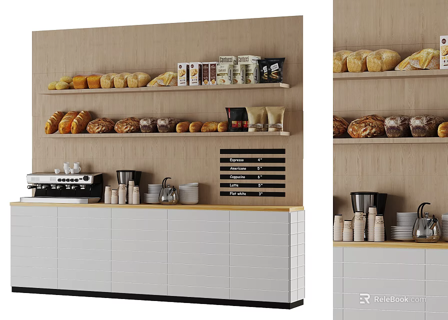 Cozy Café Interior With Wooden Wall Shelves Bread Coffee Items And White Cabinets 3d model 