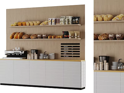 Cozy Café Interior With Wooden Wall Shelves Bread Coffee Items And White Cabinets 3d model