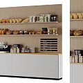 Cozy Café Interior With Wooden Wall Shelves Bread Coffee Items And White Cabinets