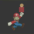 Mario Character In Red Hat Blue Overalls Jumping With Red Brick Block And Gold Coin