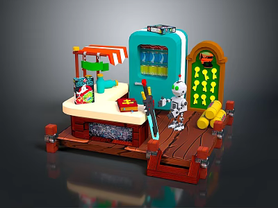 Lego Style Play Set Scene With Blue Cabinet Small Counter Robot Figure And Yellow Barrels 3d model