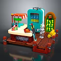 Lego Style Play Set Scene With Blue Cabinet Small Counter Robot Figure And Yellow Barrels