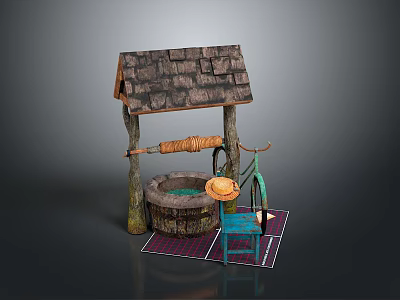 Vintage Well Structure Scene Featuring Wooden Frame Tile Roof Side Chair And Colorful Mats 3d model