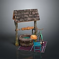 Vintage Well Structure Scene Featuring Wooden Frame Tile Roof Side Chair And Colorful Mats
